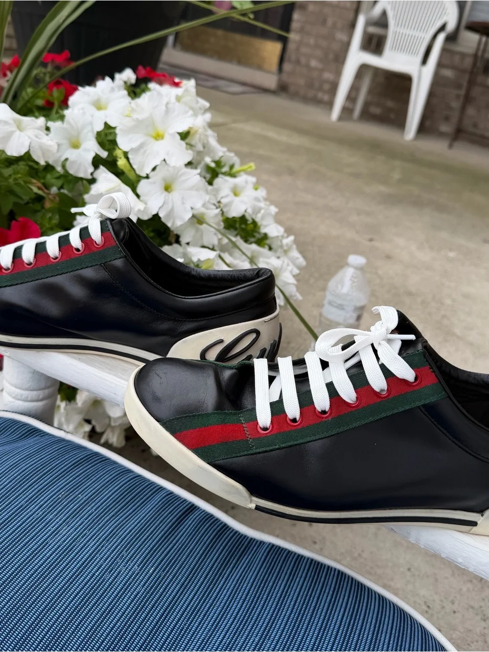 Black Leather Low-Top Sneakers with Red & Green Stripe